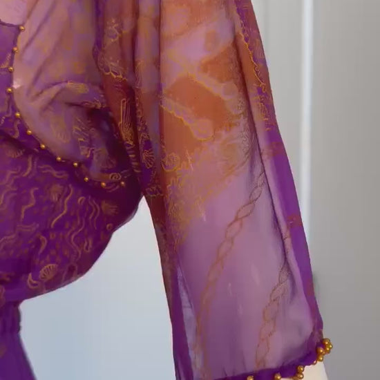80s Zandra Rhodes Purple Silk Print Dress