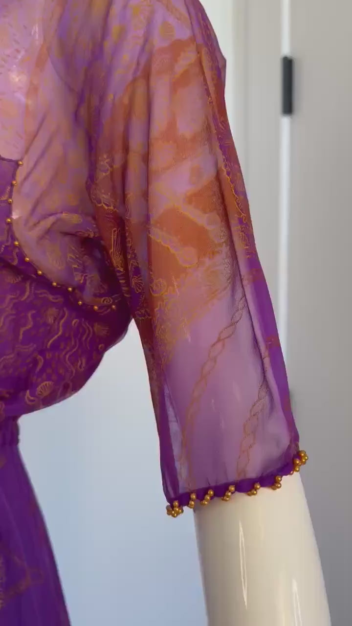 80s Zandra Rhodes Purple Silk Print Dress