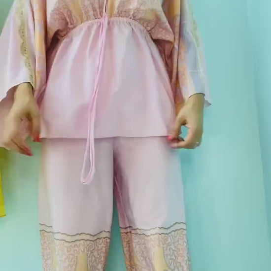 70s Zandra Rhodes Printed Kimono Sleeves Wide Leg Pant Set