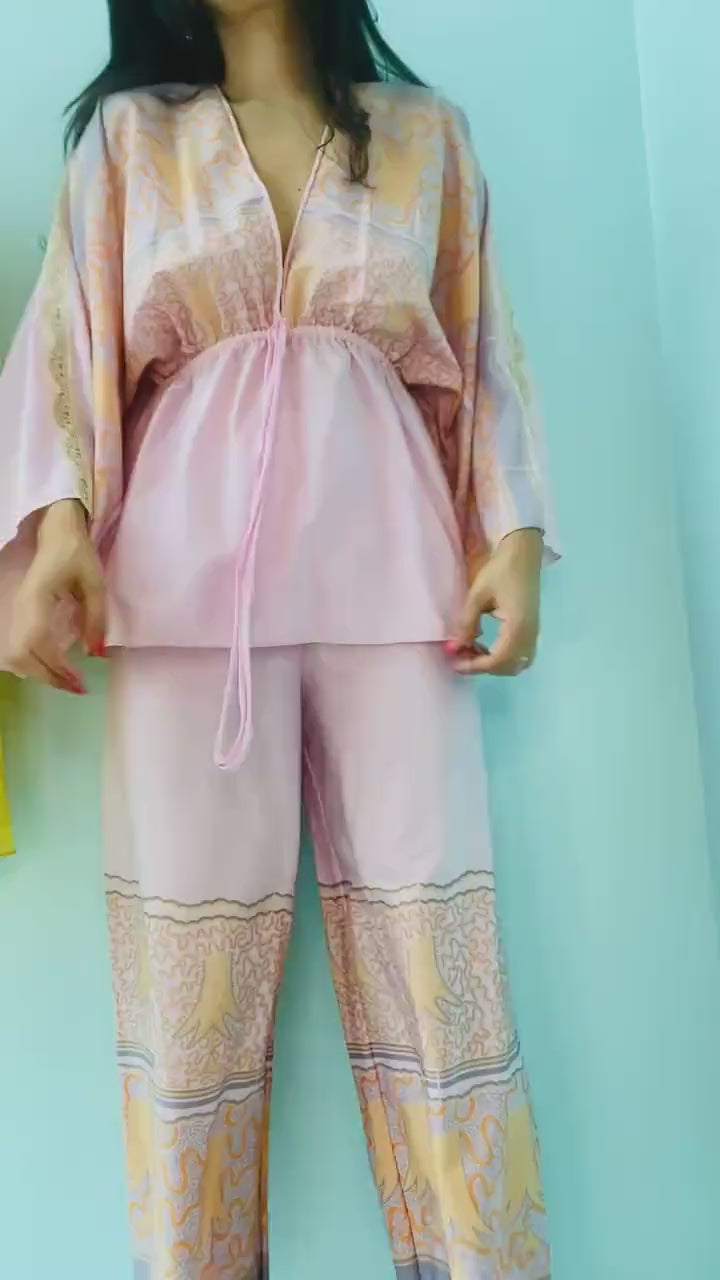 70s Zandra Rhodes Printed Kimono Sleeves Wide Leg Pant Set