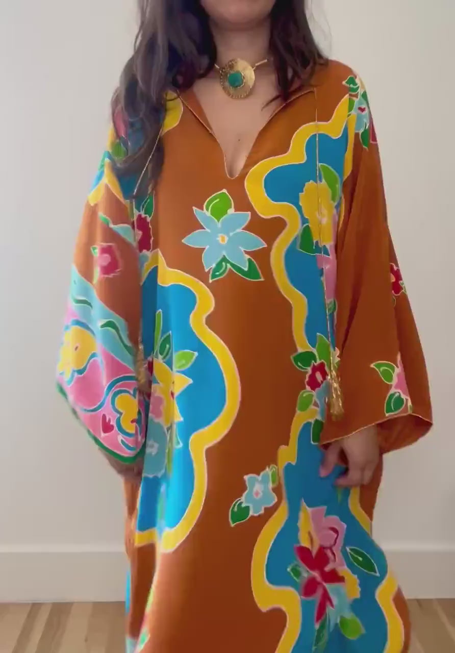1981 Oscar de La Renta Silk Printed Caftan and Wide Pant Ensemble
