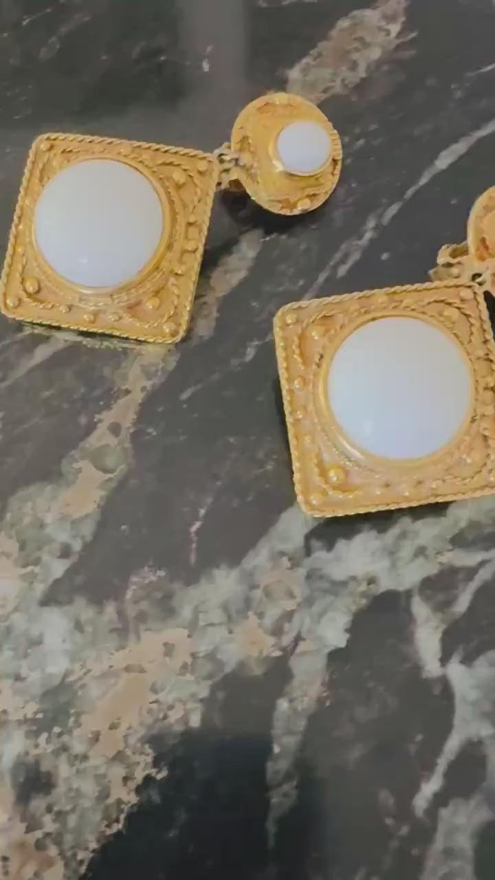 1970s Kenneth J LANE Gold Plated Cabochon Etruscan Statement Dangle Clip On Earrings