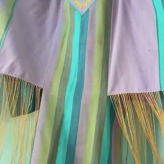 70s Josefa Ibarra Cotton Striped Fringed Caftan Maxi Boho Hippie Dress