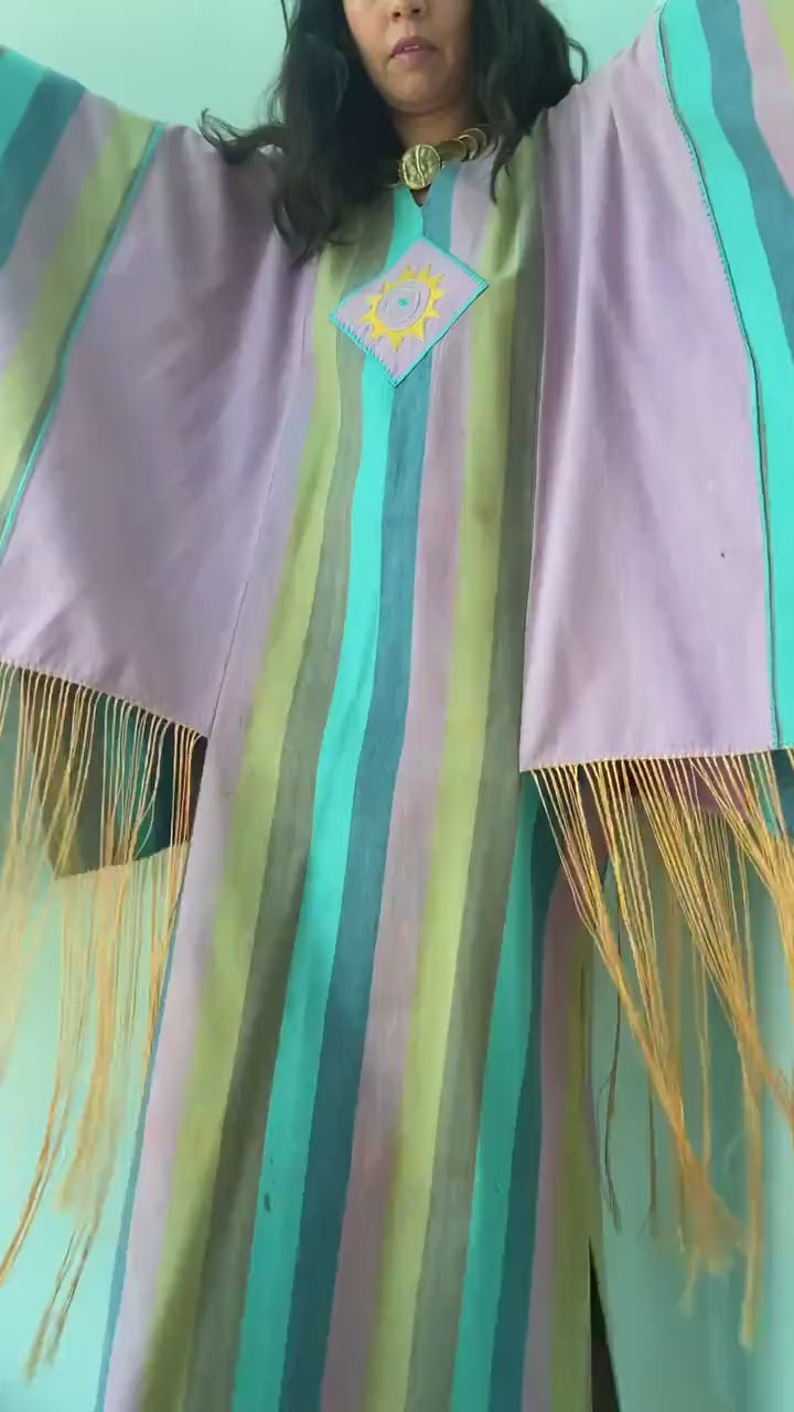 70s Josefa Ibarra Cotton Striped Fringed Caftan Maxi Boho Hippie Dress