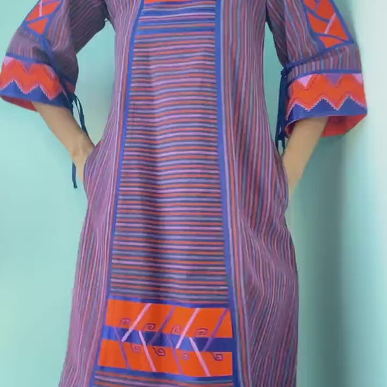 70s Josefa Ibarra Cotton Stripe Maxi Boho Hippie Caftan Bell Sleeves Pockets