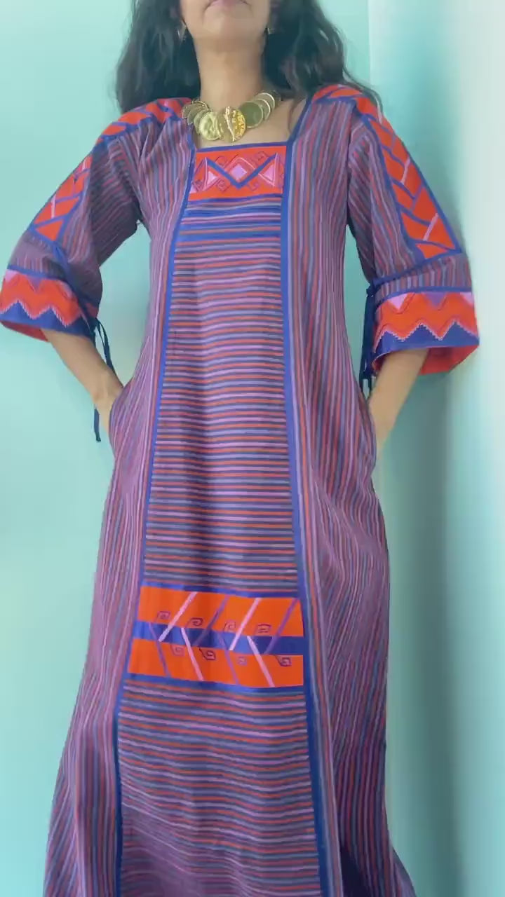 70s Josefa Ibarra Cotton Stripe Maxi Boho Hippie Caftan Bell Sleeves Pockets