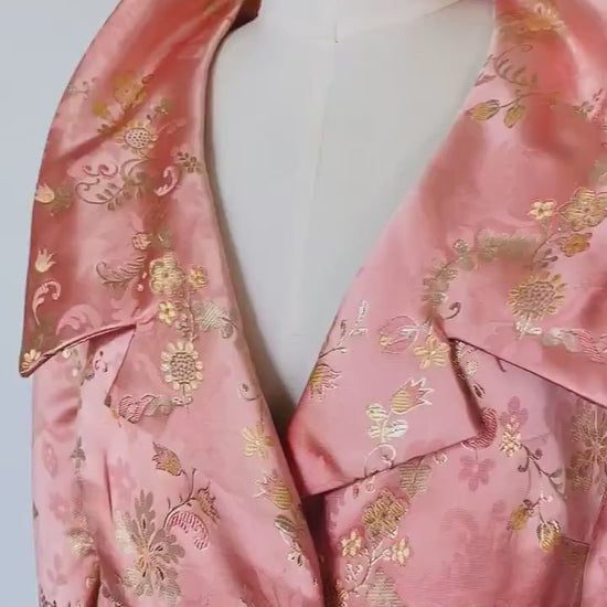 1950s Neiman Marcus Hong Kong Silk Pink and Gold Brocade  Collard Button Down House Coat Dress