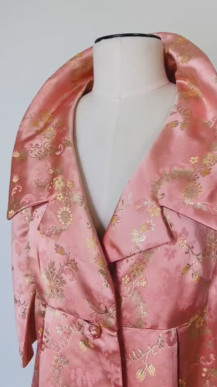 1950s Neiman Marcus Hong Kong Silk Pink and Gold Brocade  Collard Button Down House Coat Dress