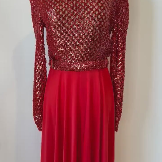 60s Lilli Diamond Red Embellished Palazzo Jumpsuit Dead Stock