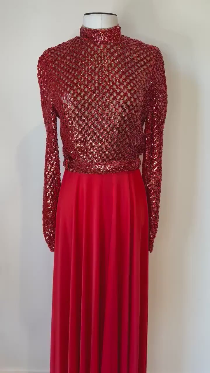 60s Lilli Diamond Red Embellished Palazzo Jumpsuit Dead Stock