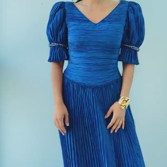 80s Mary McFadden Blue Pleated Gown