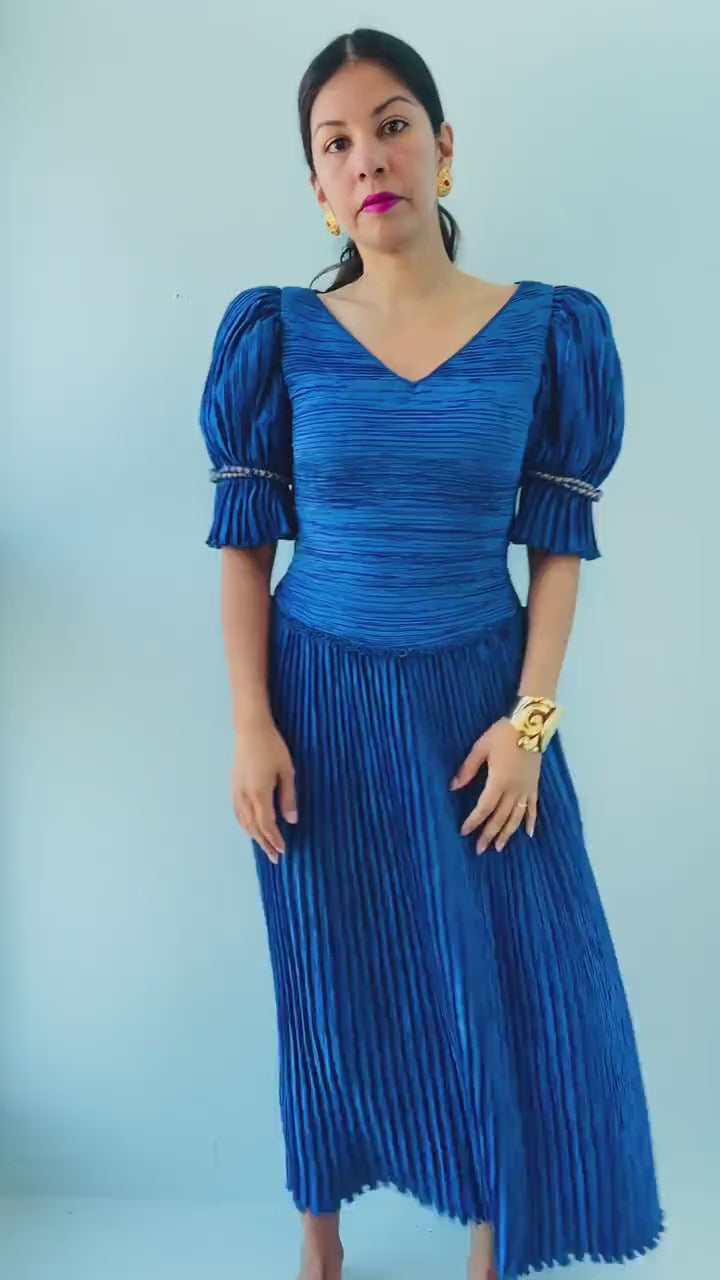 80s Mary McFadden Blue Pleated Gown