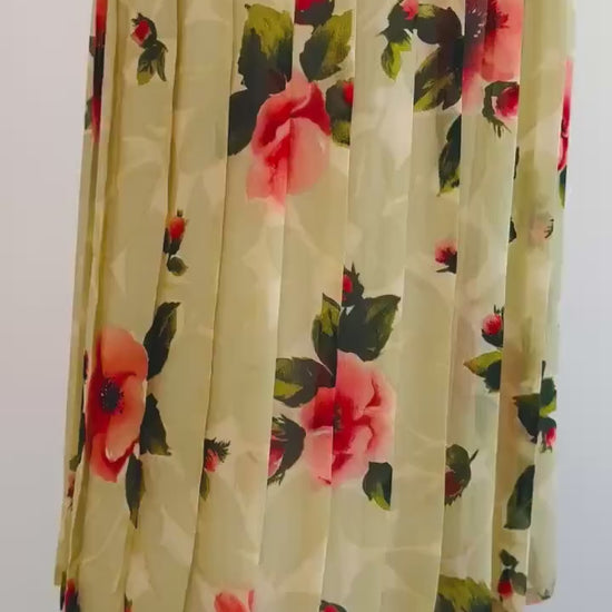 Vintage Bill Blass Silk Chiffon Floral Dress Strapless Boned Bodice Pleated Hibiscus Dress 26" Waist