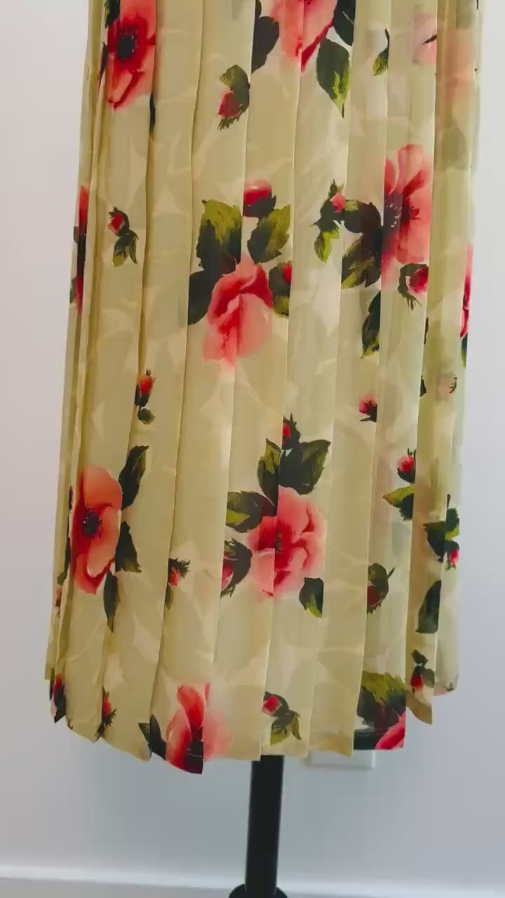 Vintage Bill Blass Silk Chiffon Floral Dress Strapless Boned Bodice Pleated Hibiscus Dress 26" Waist