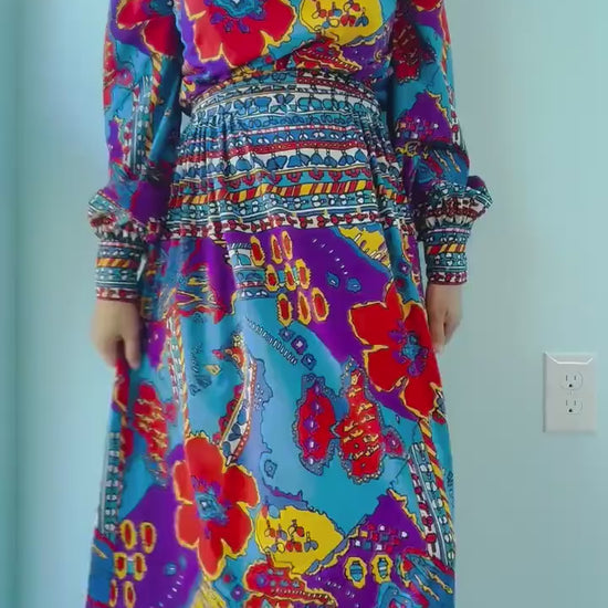 60s Clifton Wilhite Dallas Psychedelic Print Long Sleeve Silk Jersey Maxi