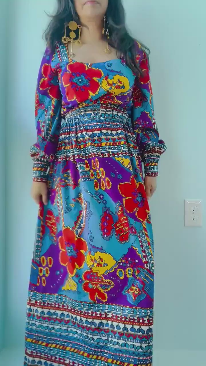 60s Clifton Wilhite Dallas Psychedelic Print Long Sleeve Silk Jersey Maxi