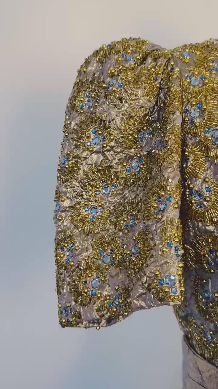 1979 Regal Adolfo Runway Silk Metallic Embellished Skirt and Top Ensemble Gown