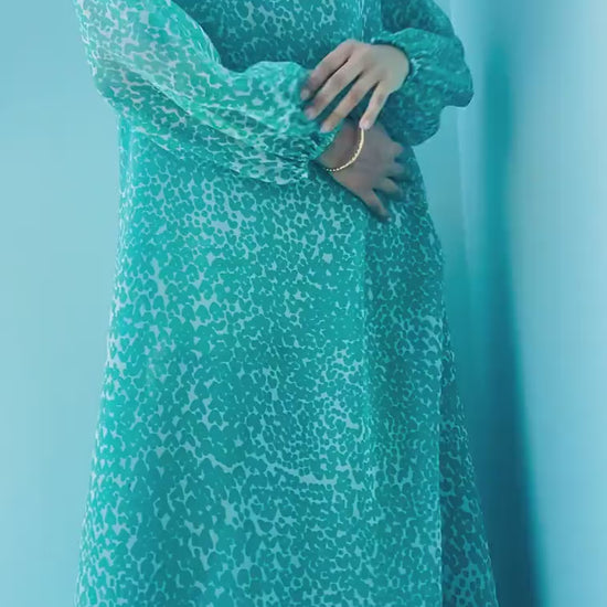 70s Albert Capraro Green Printed Chiffon Tunic Maxi Dress Balloon Sleeves