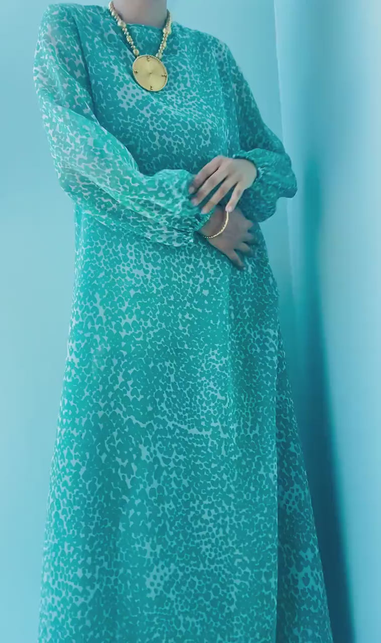 70s Albert Capraro Green Printed Chiffon Tunic Maxi Dress Balloon Sleeves