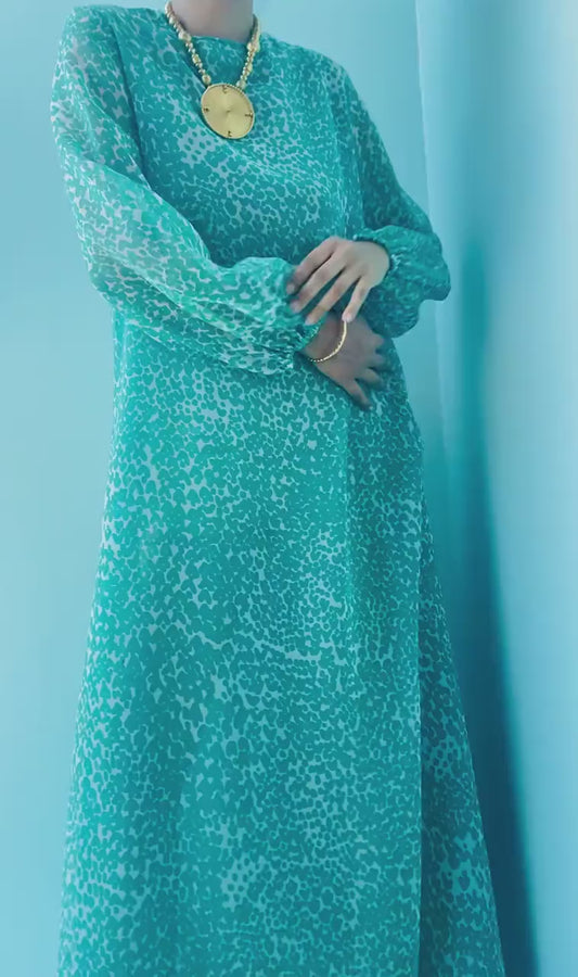 70s Albert Capraro Green Printed Chiffon Tunic Maxi Dress Balloon Sleeves