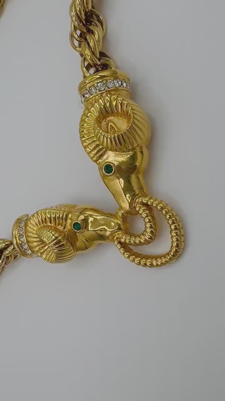 90s Gold Plated Kenneth Jay Lane Embellished Ram Gold Rope Necklace