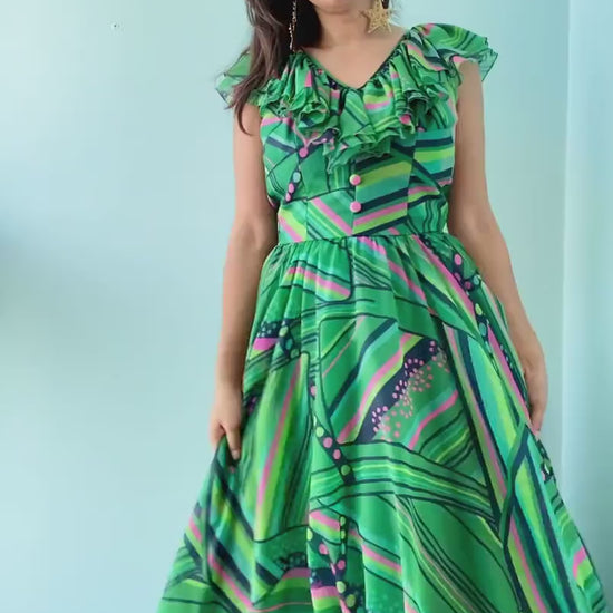 60s Luis Fuentes Ruffled Green Psychedelic Print Dress