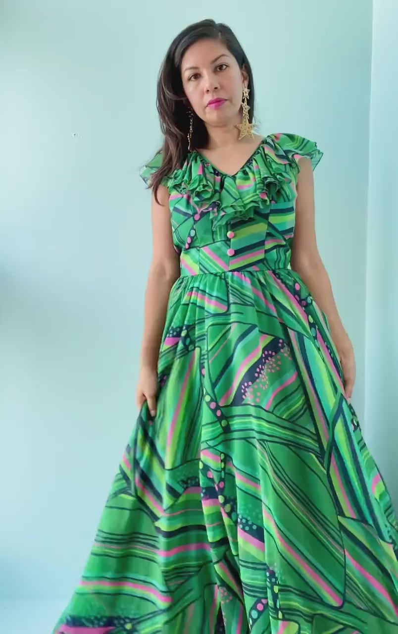 60s Luis Fuentes Ruffled Green Psychedelic Print Dress