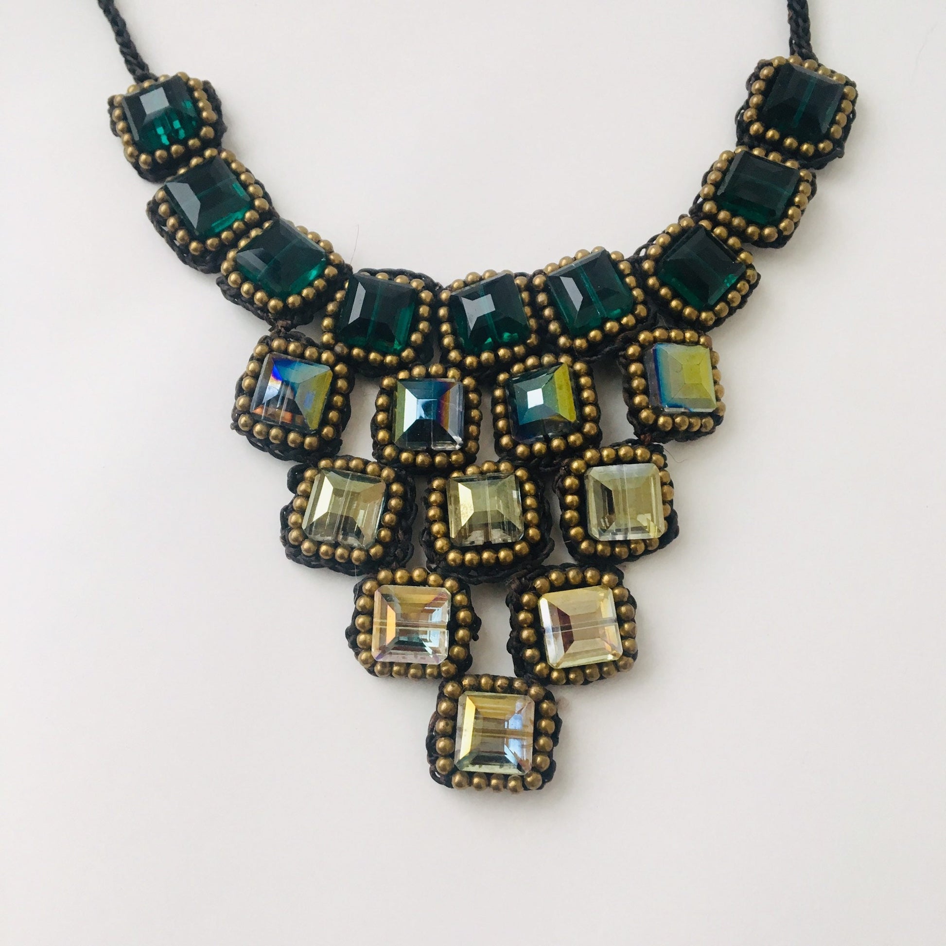 OOAK Vintage Artisan handmade crochet Oversized Crystal Iridescent Bib Statement Necklace