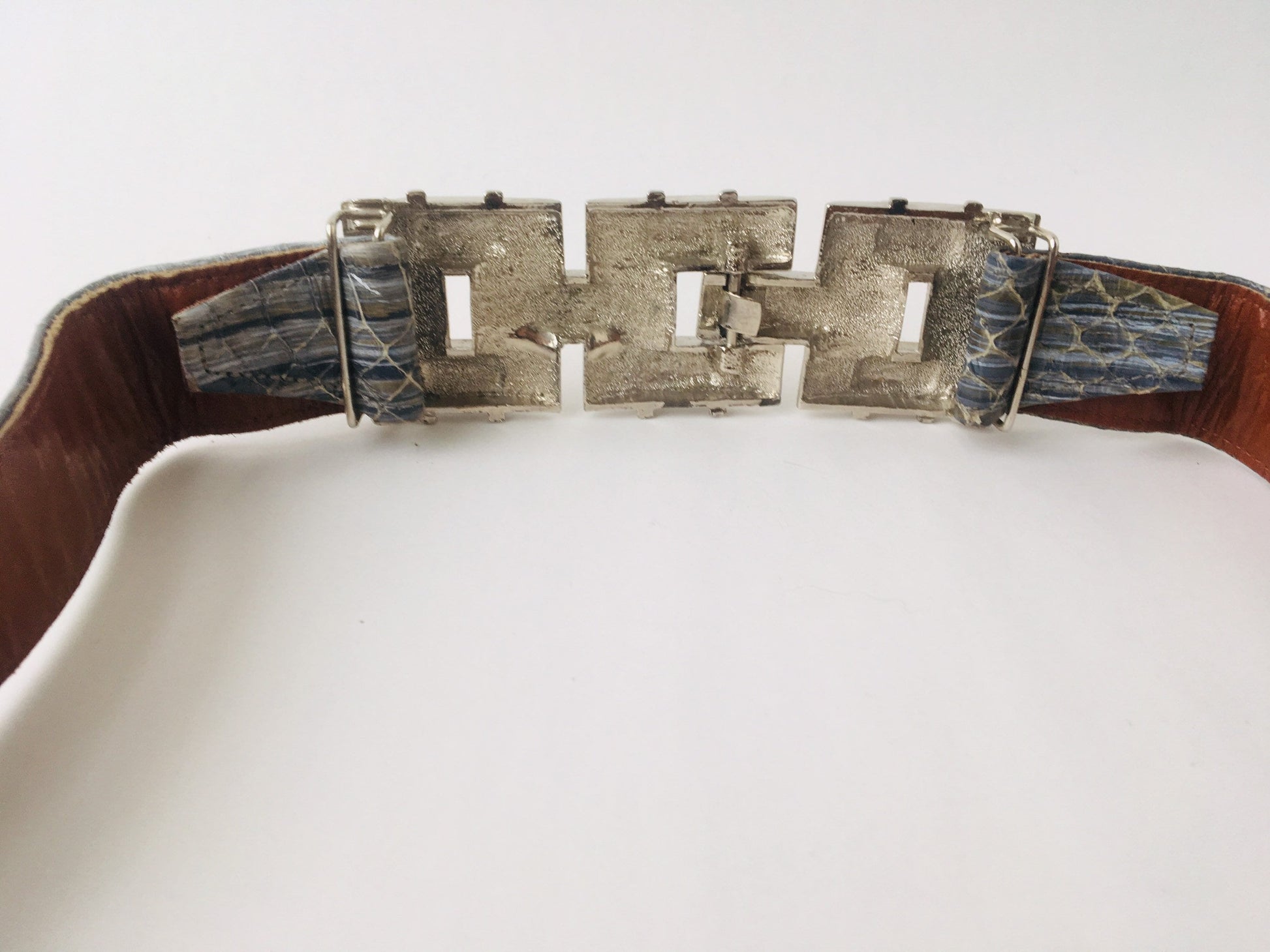 Vintage Snake Skin Belt / Oversized Buckle / Grey Snake Skin Belt /Adjustable Belt