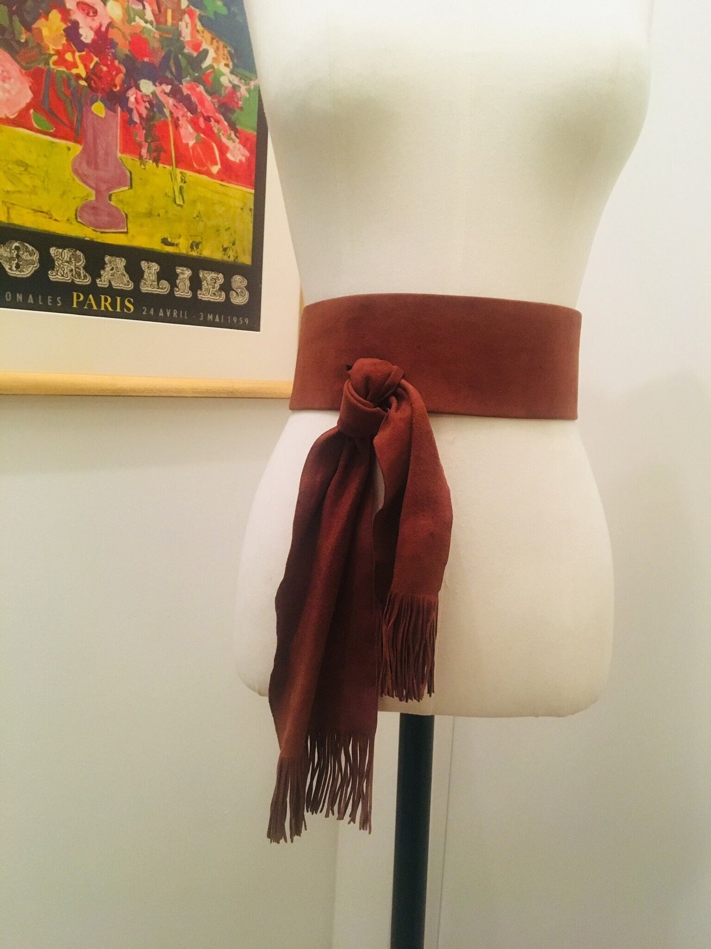 80s wide suede belt/ knot suede belt / straight wide belt/ suede brown belt / fringe belt