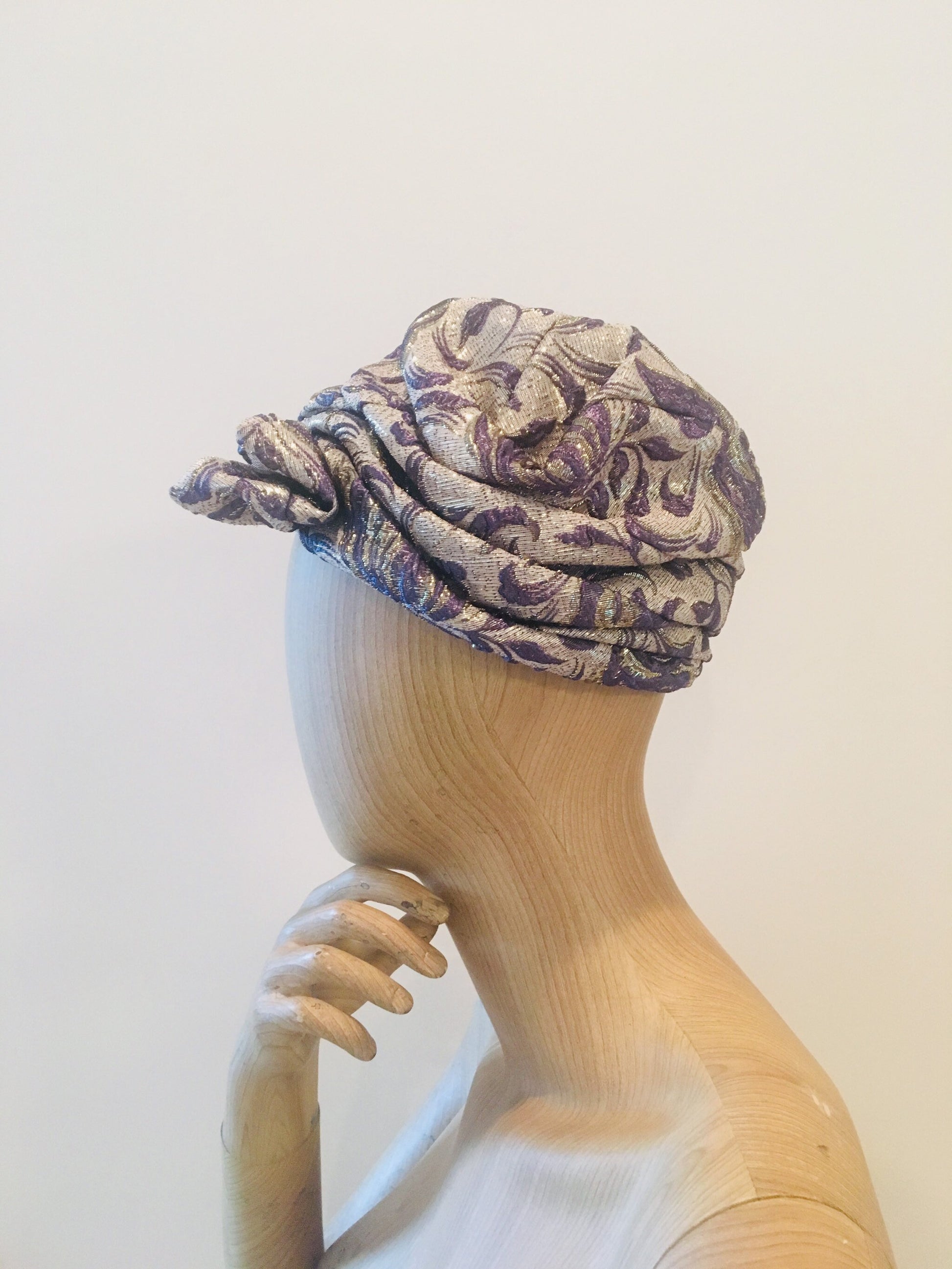 60s Brocade Jacquard Vintage Turban / Metallic Turban /Glam Hat Hollywood Glam