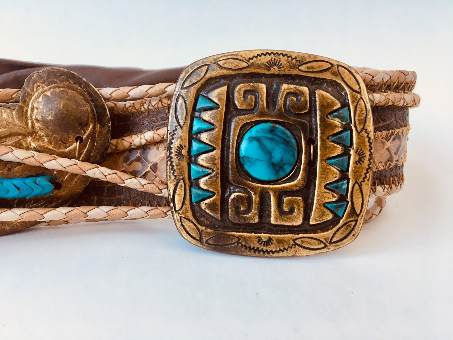 Exotic Vintage Belt / Turquoise and Brass Belt / Rare Python Belt / Vintage Python Belt