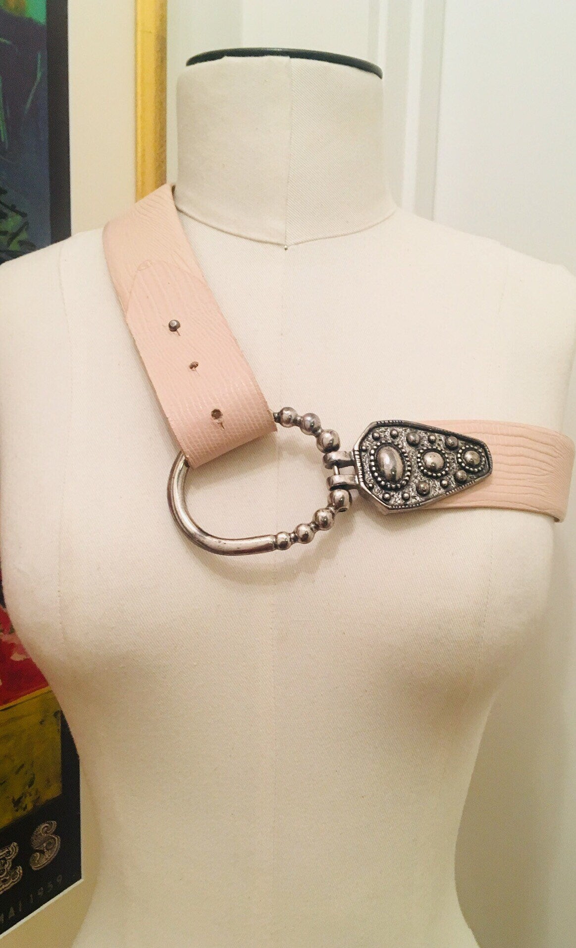 90s Blush Pink Perse Belt/90s Pink Leather Belt / Oversized Silver Buckle/ Vintage Pink Belt