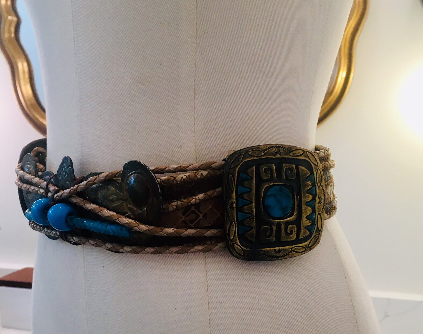 Exotic Vintage Belt / Turquoise and Brass Belt / Rare Python Belt / Vintage Python Belt