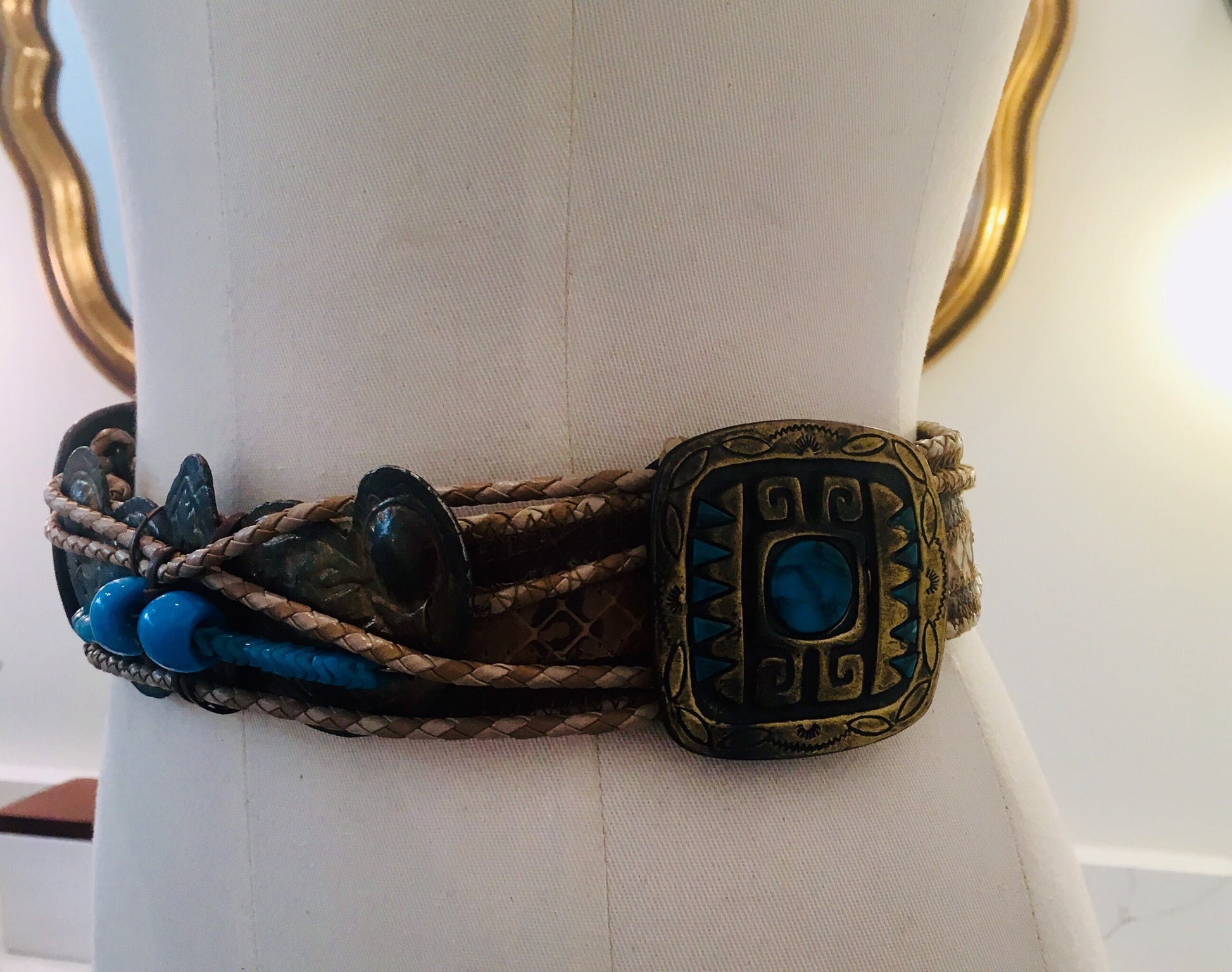 Exotic Vintage Belt / Turquoise and Brass Belt / Rare Python Belt / Vintage Python Belt
