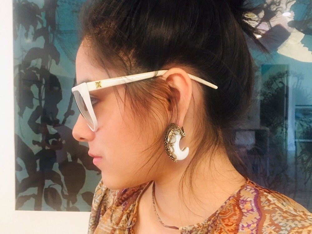 80s Oversized Horn And Brass Earrings / Rare Runway Earrings/ Vintage Tribal Faux Horn Earrings