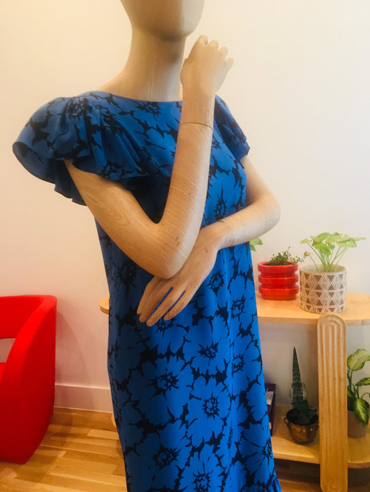 SALE 80s Miss O Oscar de la Renta Blue Floral Silk Ruffled Cap Sleeves Dress