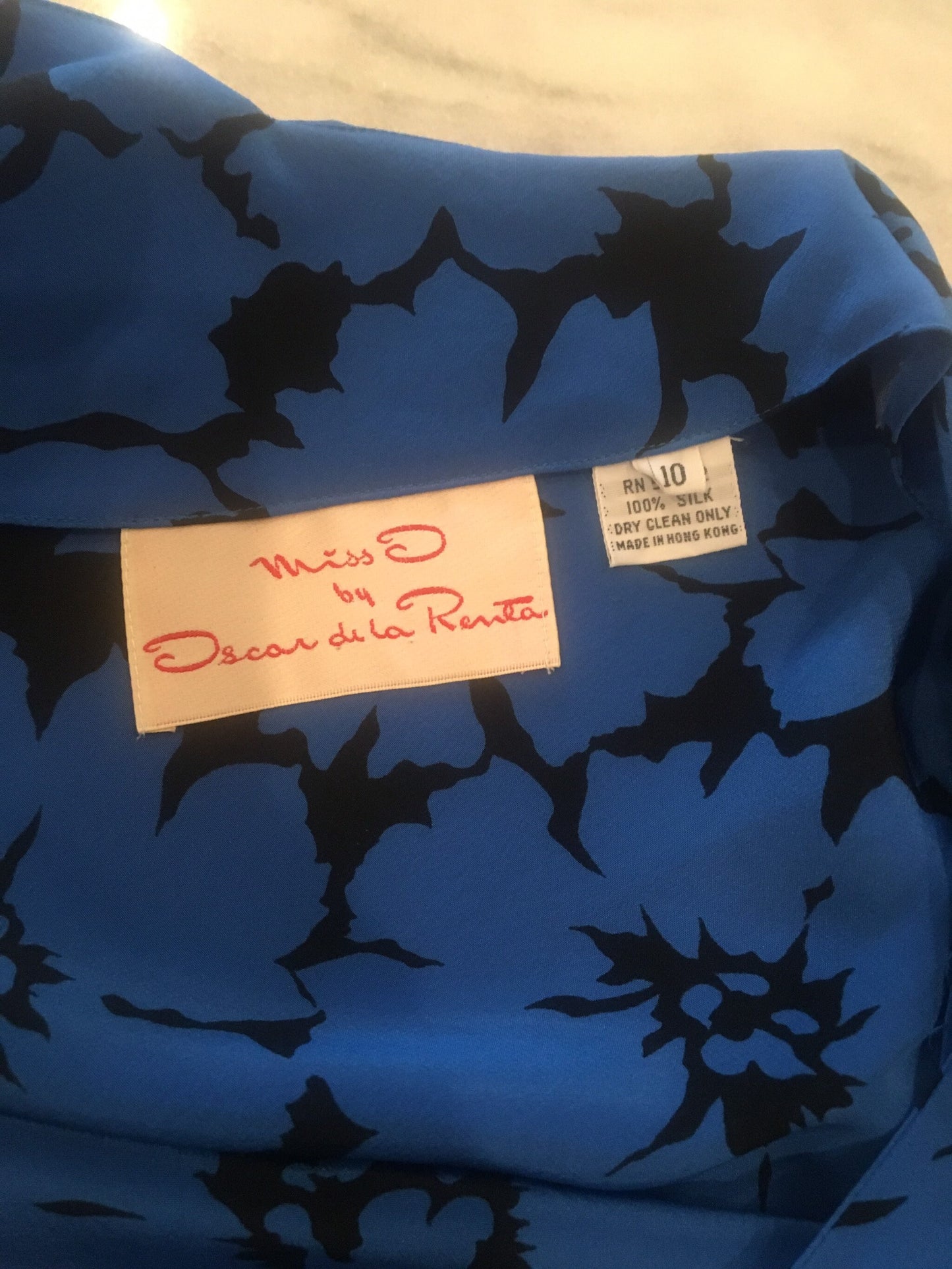 SALE 80s Miss O Oscar de la Renta Blue Floral Silk Ruffled Cap Sleeves Dress