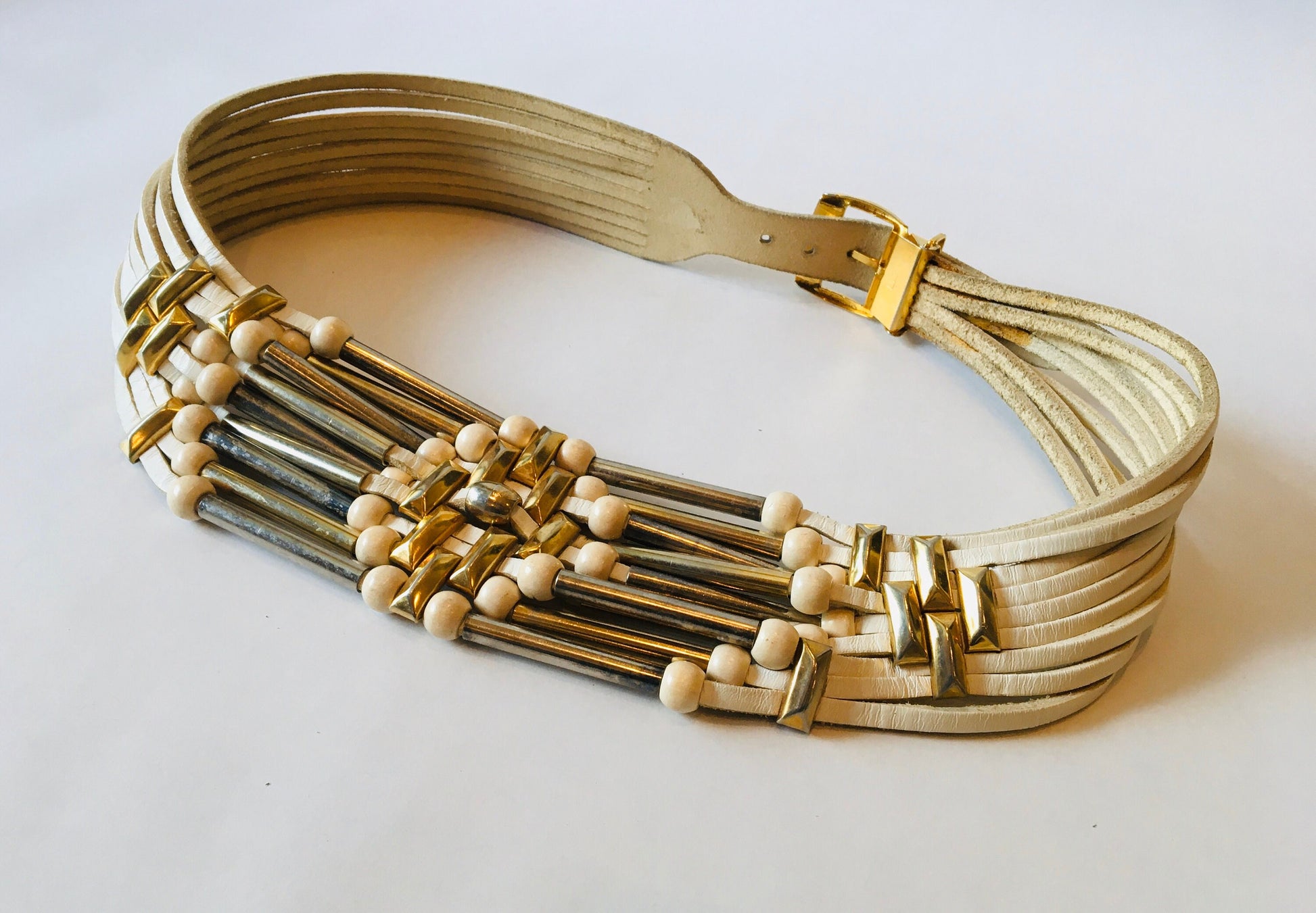 Vintage White Leather Punk Rock Belt / Metal Belt / Hip Hugger / Oversized Leather Belt