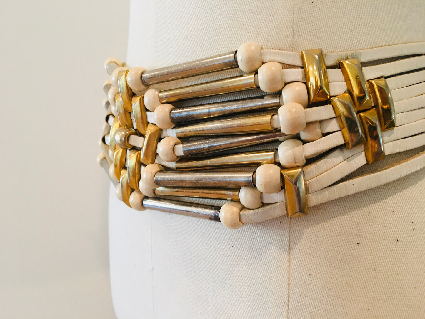 Vintage White Leather Punk Rock Belt / Metal Belt / Hip Hugger / Oversized Leather Belt