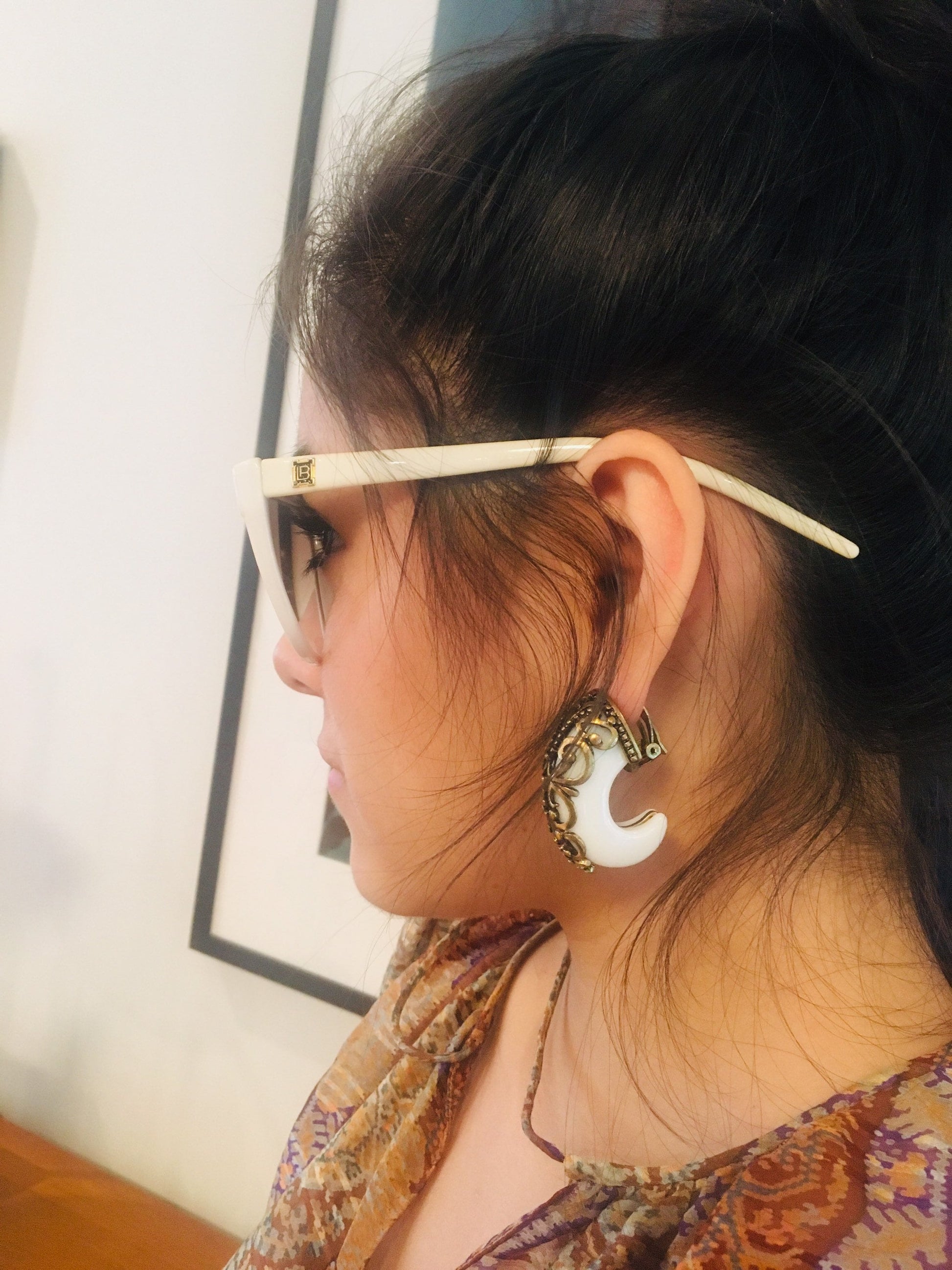 80s Oversized Horn And Brass Earrings / Rare Runway Earrings/ Vintage Tribal Faux Horn Earrings