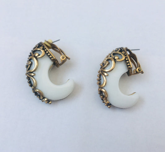 80s Oversized Horn And Brass Earrings / Rare Runway Earrings/ Vintage Tribal Faux Horn Earrings