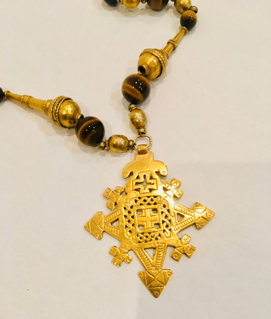Vintage Tiger Eye Brass Beaded Long Statement Necklace / Artisan Made Pendant Estate Jewelry