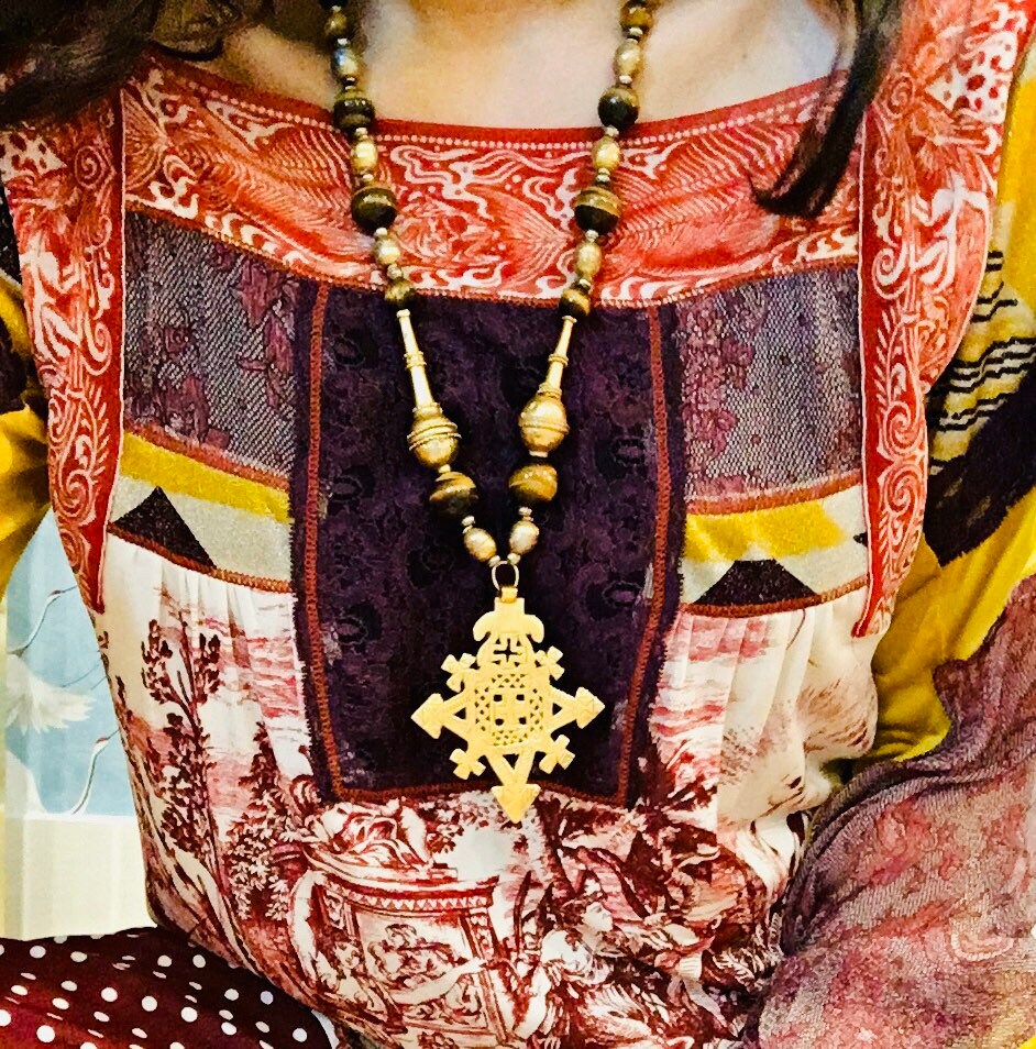 Vintage Tiger Eye Brass Beaded Long Statement Necklace / Artisan Made Pendant Estate Jewelry