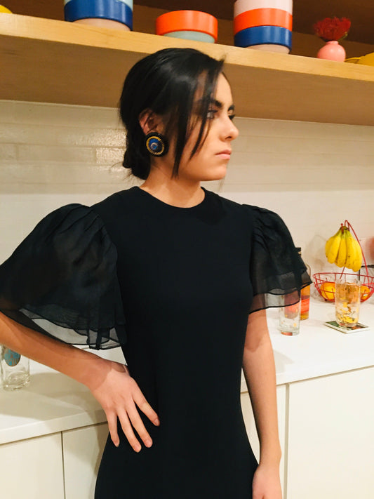 Small 80s Bill BLASS Black Crepe Sheath with Puffy Bell Organza Layered Sleeves LBD Party Dress