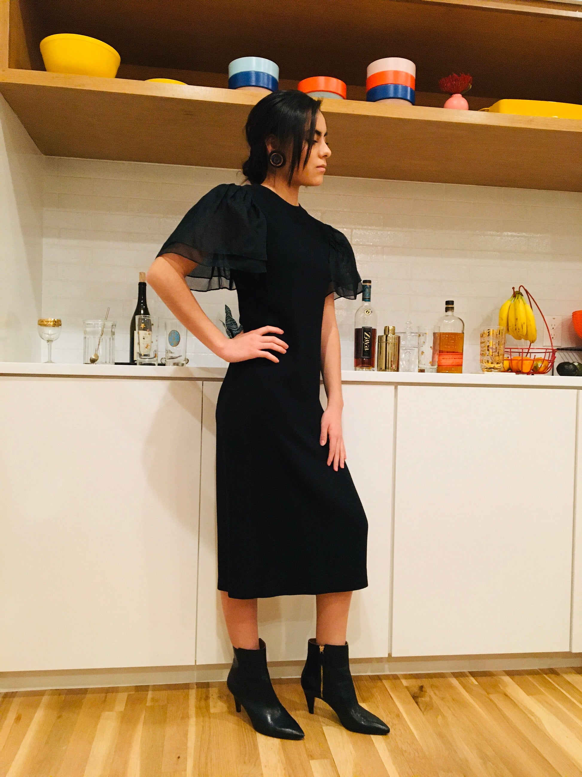 Small 80s Bill BLASS Black Crepe Sheath with Puffy Bell Organza Layered Sleeves LBD Party Dress