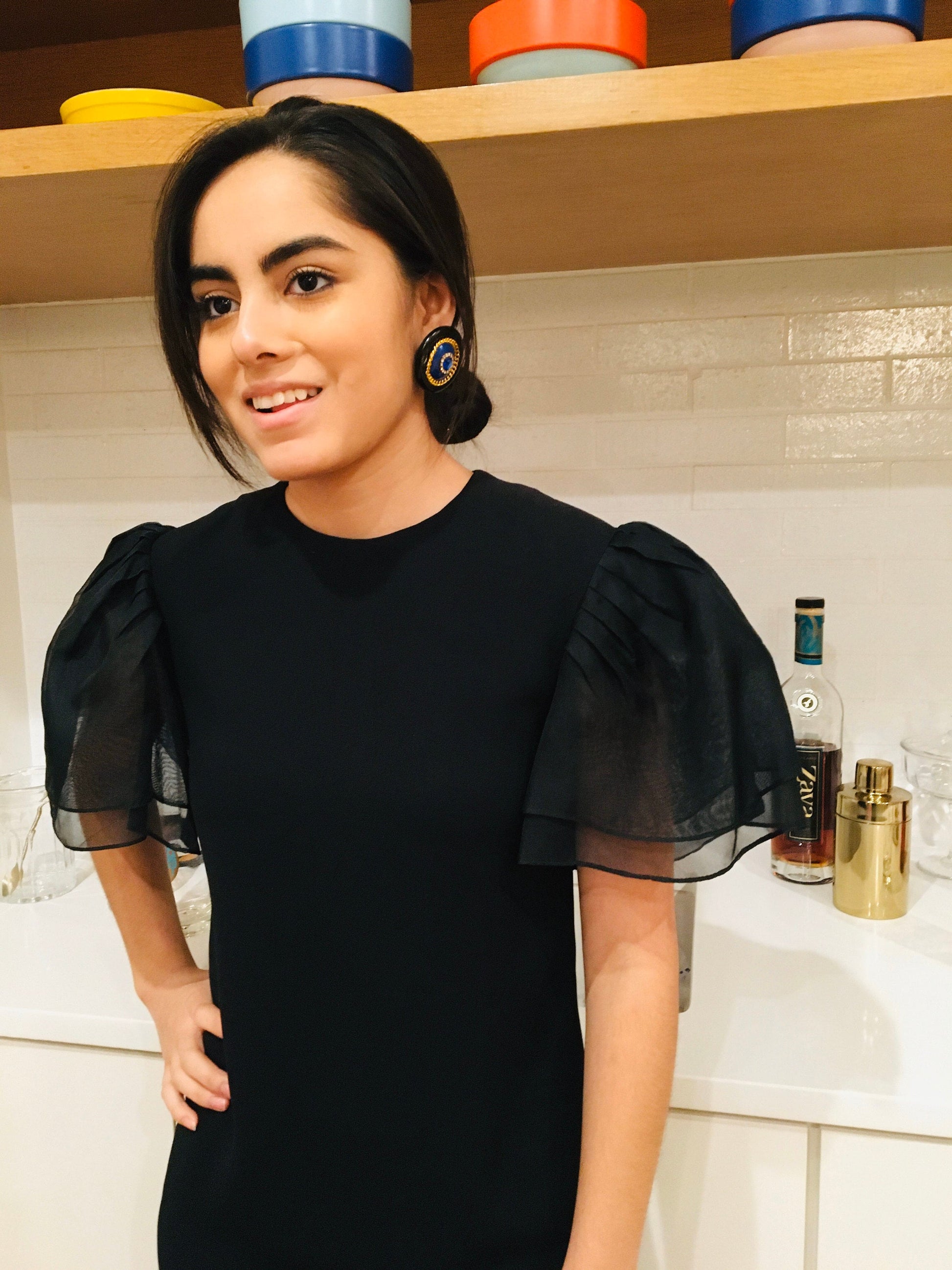 Small 80s Bill BLASS Black Crepe Sheath with Puffy Bell Organza Layered Sleeves LBD Party Dress