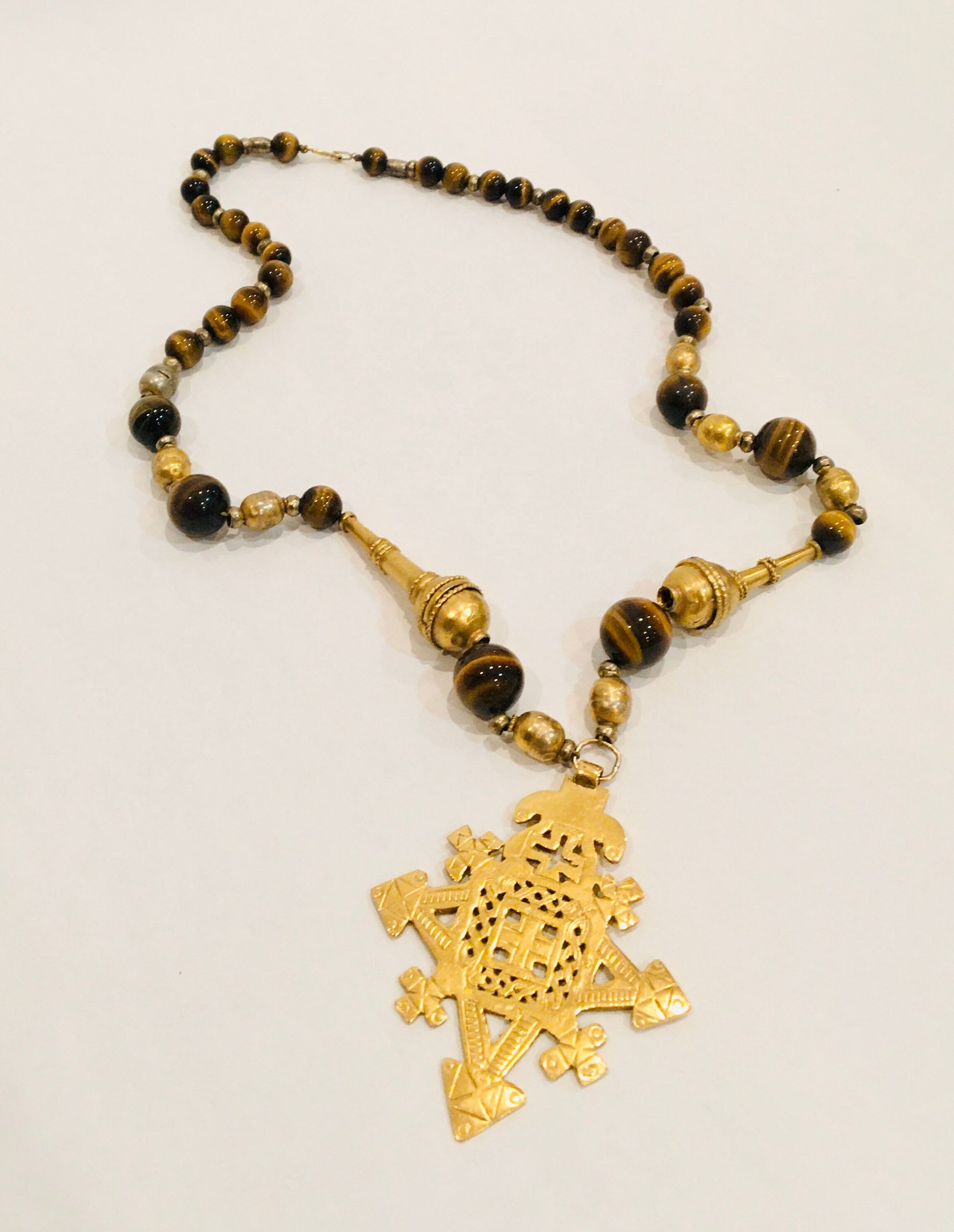 Vintage Tiger Eye Brass Beaded Long Statement Necklace / Artisan Made Pendant Estate Jewelry