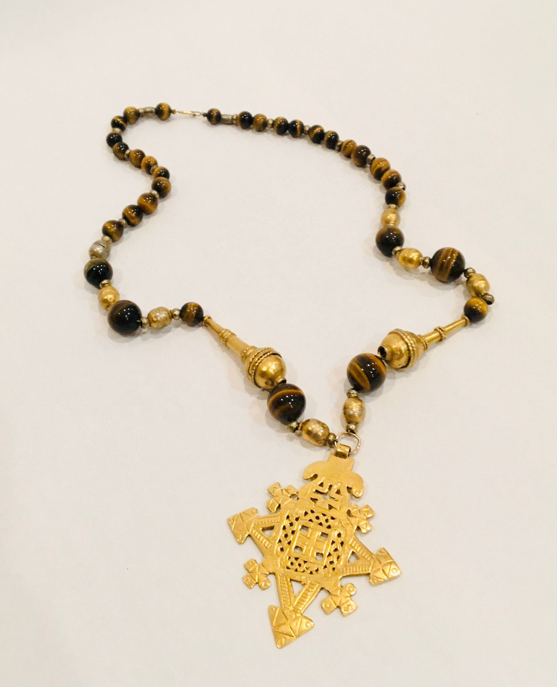 Vintage Tiger Eye Brass Beaded Long Statement Necklace / Artisan Made Pendant Estate Jewelry