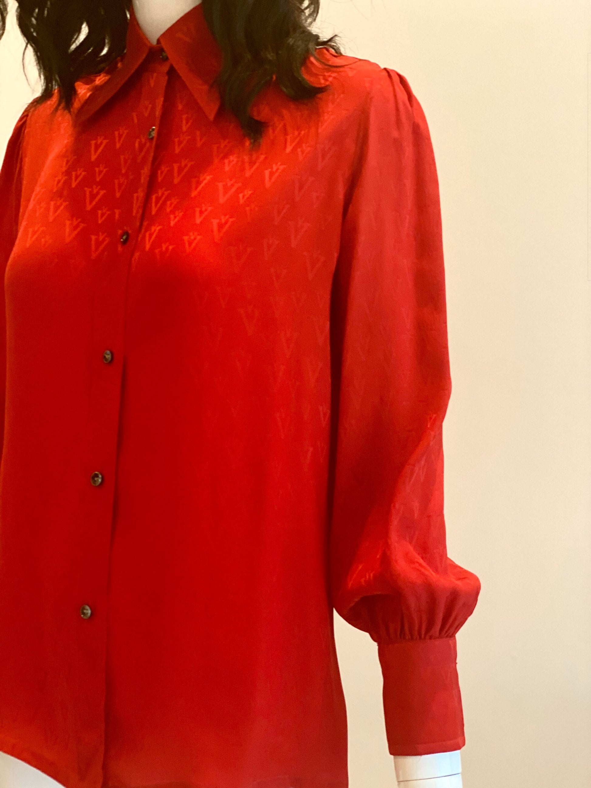 70s Valentino Red Silk Butterfly Collar Balloon Sleeves Blouse / Vintage Valentino Red Logo Puffy Sleeves Blouse / Large